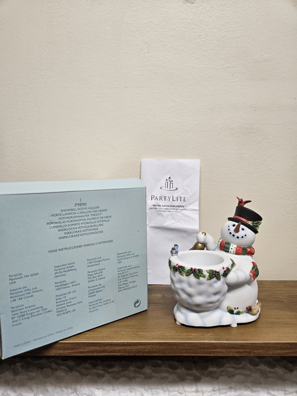 New in Box PartyLite Snowbell Snowman Votive Holder P9890 with Paperwork